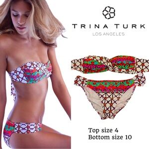 Trina Turk Venice Beach Bikini 👙 Set Sz 4 Bandeau & Sz 10 Shirred Hipster Bottom